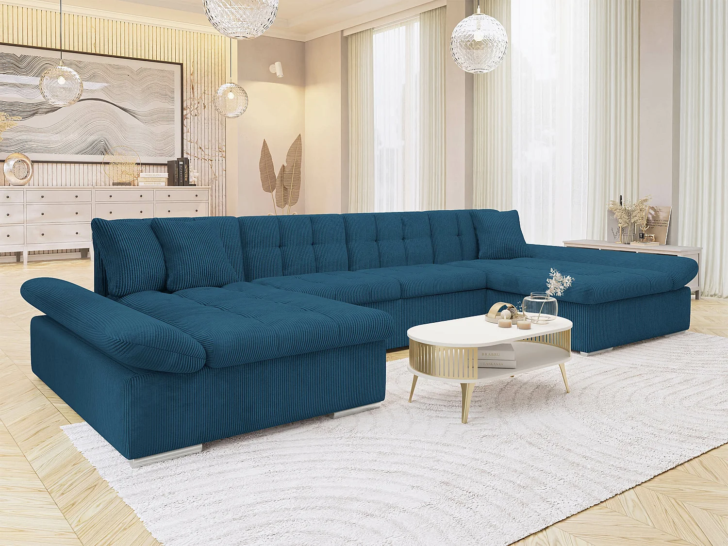 Sofá rinconero Comfivo Ficus, Azul, Función de descanso, Almacenaje, 360x160x75cm