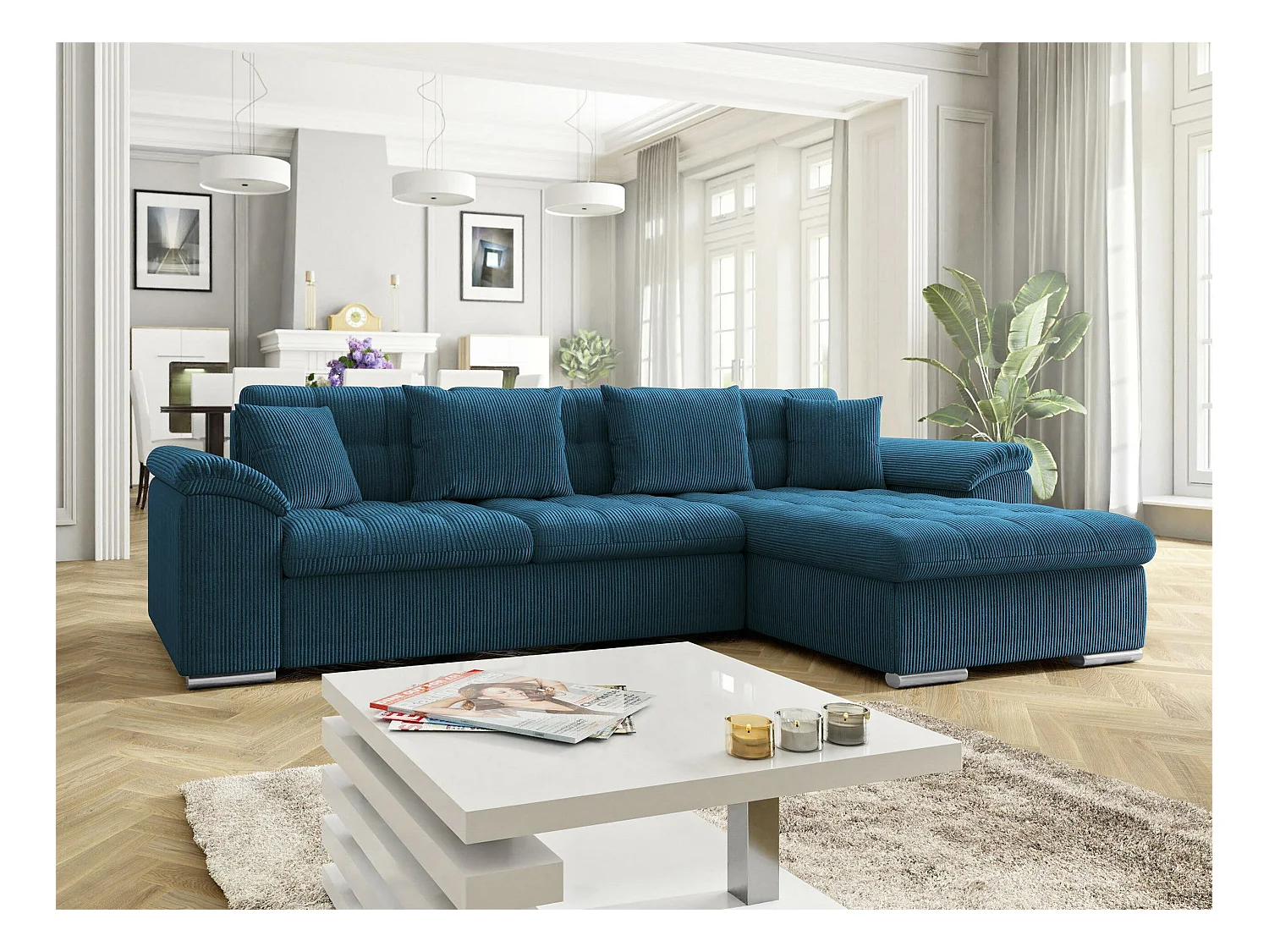 Canapé d'angle Comfivo 107, Bleu, Fonction de couchage, Boîte de literie, 280x160x76cm