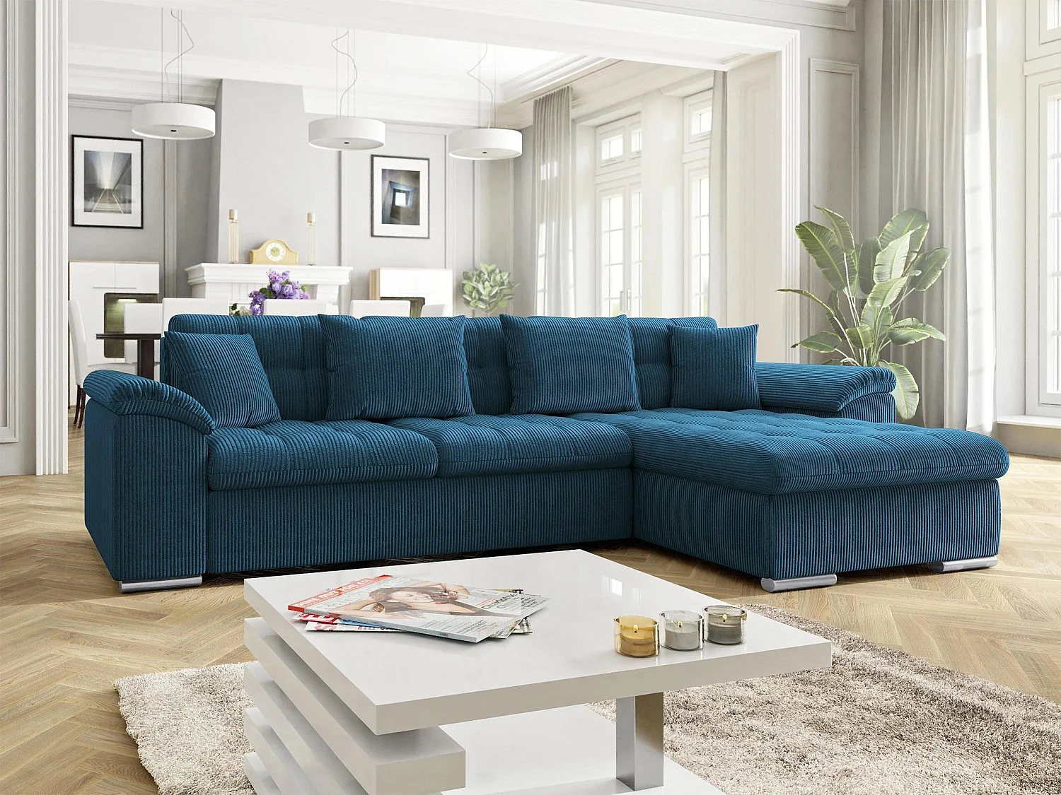 Sofá rinconero Comfivo Mica, Azul, Función de descanso, Almacenaje, 280x160x76cm
