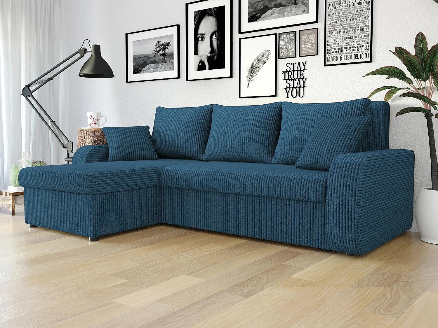 Sofá rinconero Comfivo Melissa I, Azul, Función de descanso, Almacenaje, 238x147x80cm