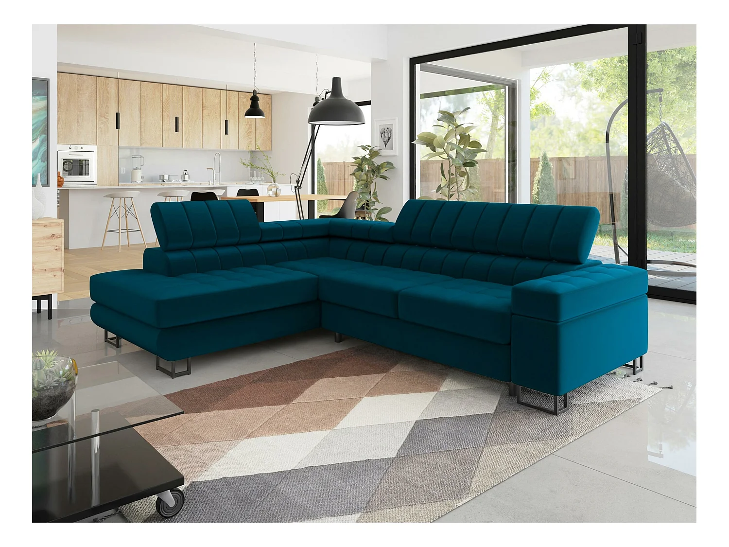 Canapé d'angle Comfivo 247, Turquoise, Fonction de couchage, Boîte de literie, 271x203cm