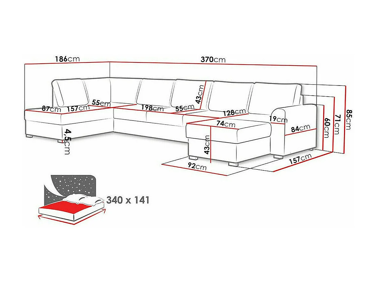 Canapé d'angle Comfivo 191, Rouge, Fonction de couchage, Boîte de literie, 370x186x85cm