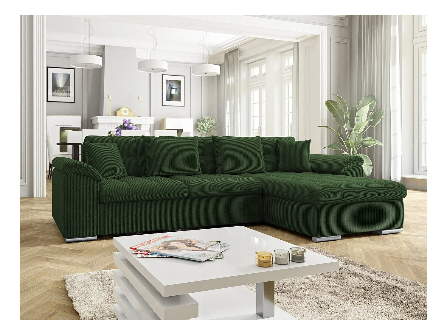 Canapé d'angle Comfivo 107, Vert, Fonction de couchage, Boîte de literie, 280x160x76cm