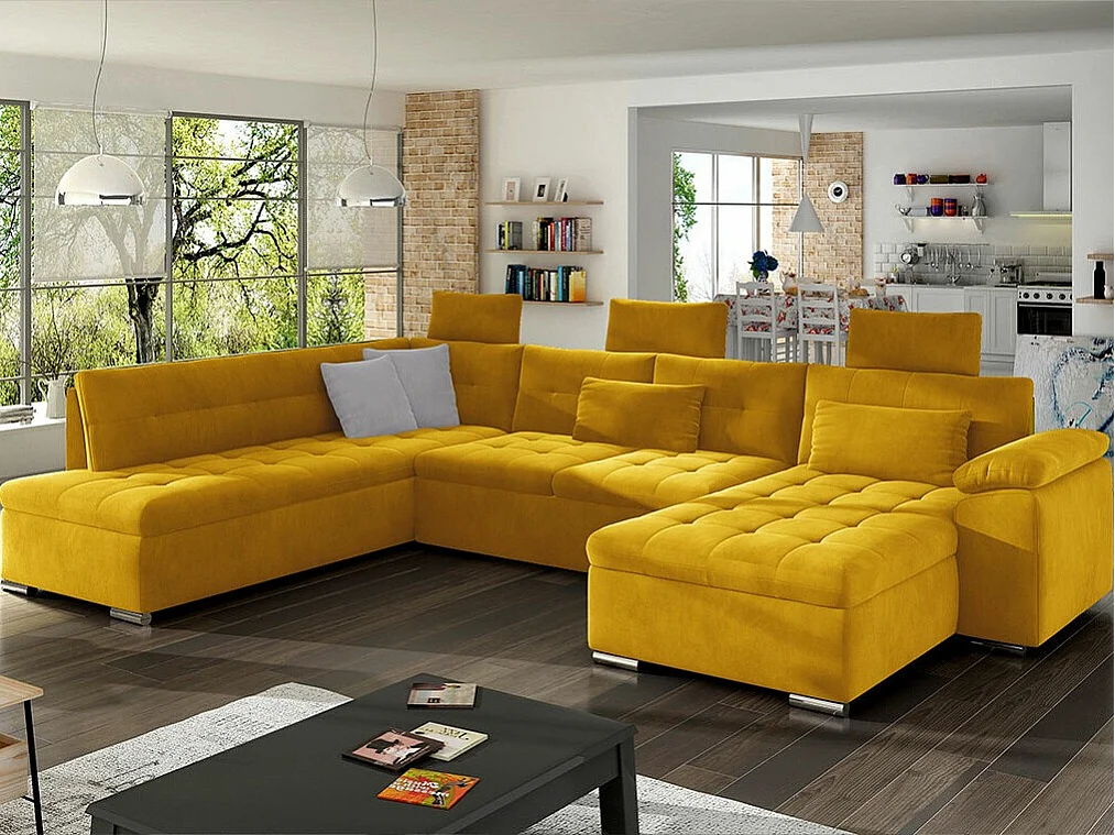 Sofá rinconero Comfivo 127, Amarillo, Función de descanso, Caja de ropa de cama, 350cm