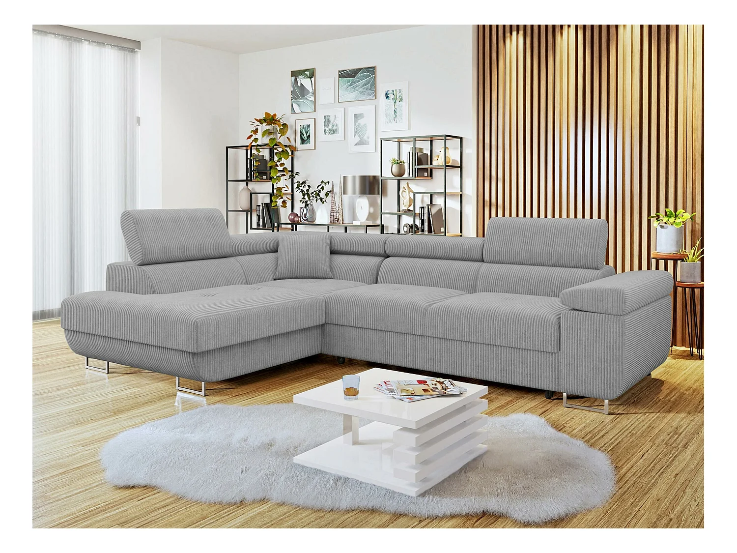 Canapé d'angle Comfivo Eliferu 100, Gris, Fonction de couchage, Boîte de literie, 274cm