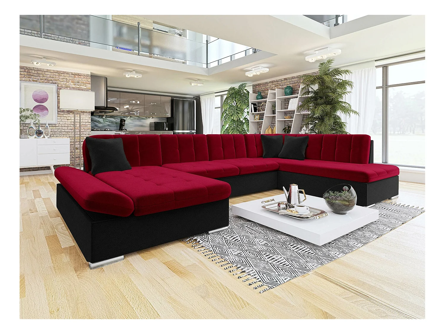 Canapé d'angle Comfivo 149, Rouge, Fonction de couchage, Boîte de literie, 345x205x76cm