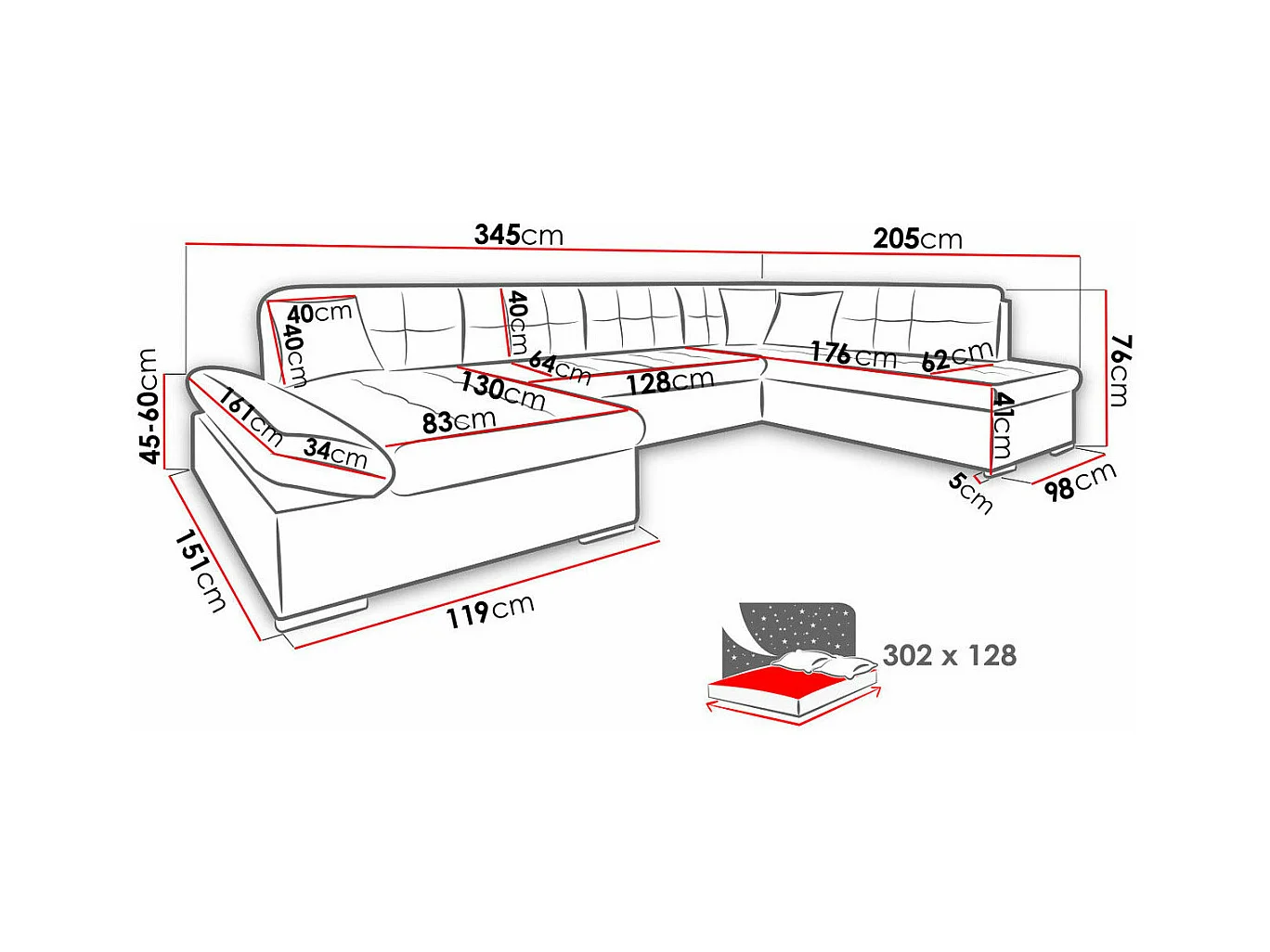 Canapé d'angle Comfivo 149, Rouge, Fonction de couchage, Boîte de literie, 345x205x76cm