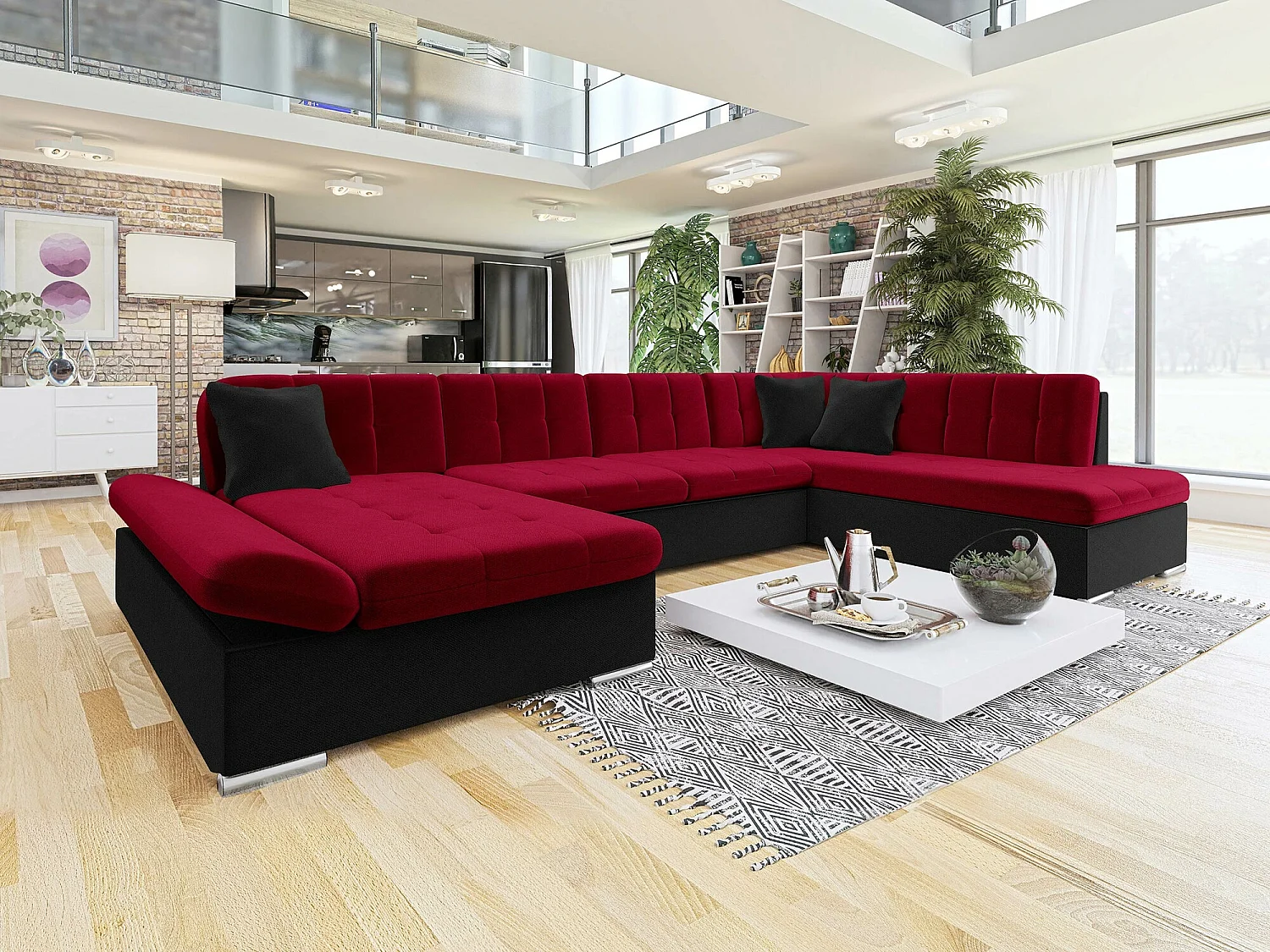 Canapé d'angle Comfivo 149, Rouge, Fonction de couchage, Boîte de literie, 345x205x76cm