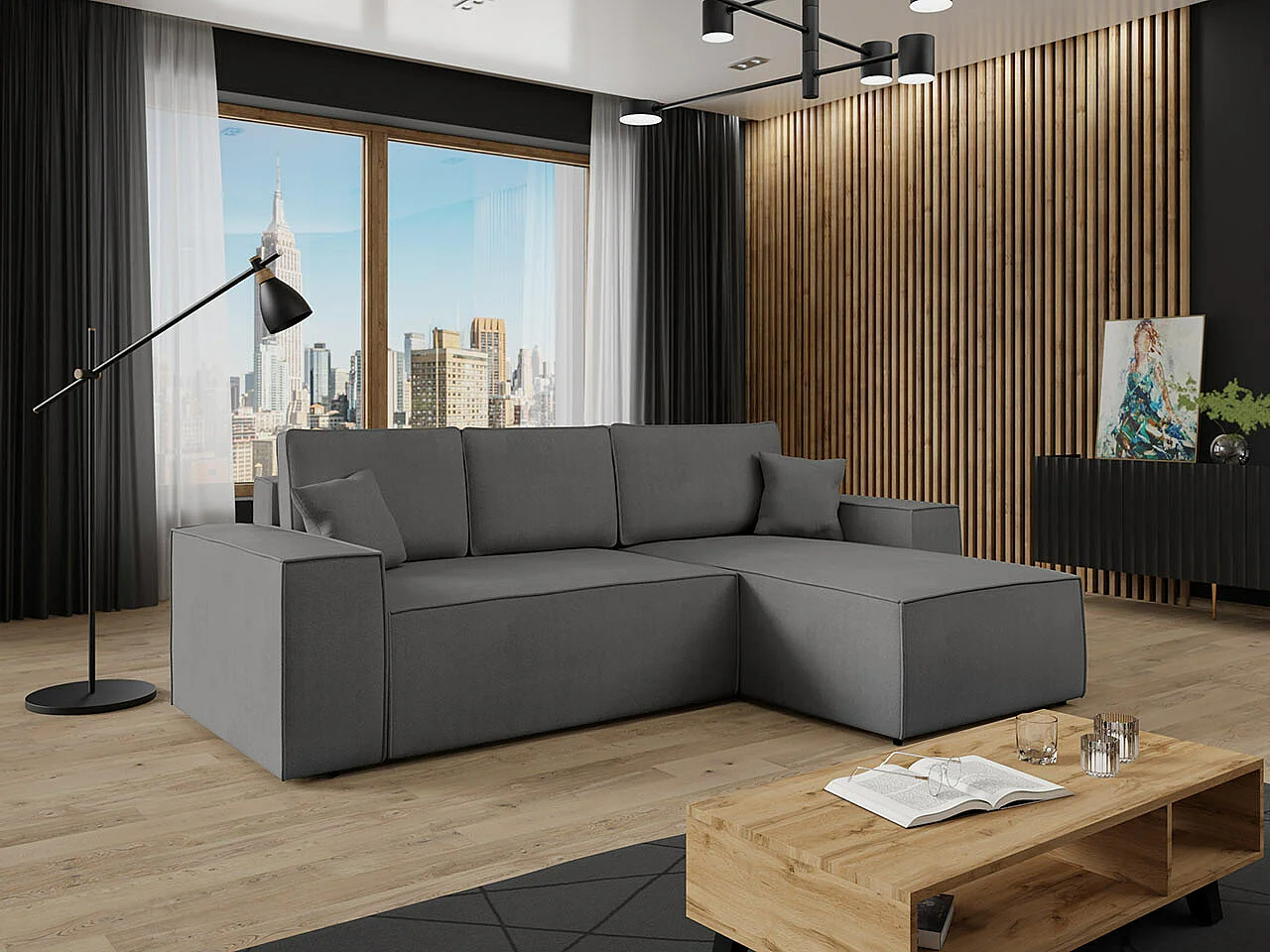 Sofá de canto Clovis 108, Cinzento, Funcionalidade de dormir