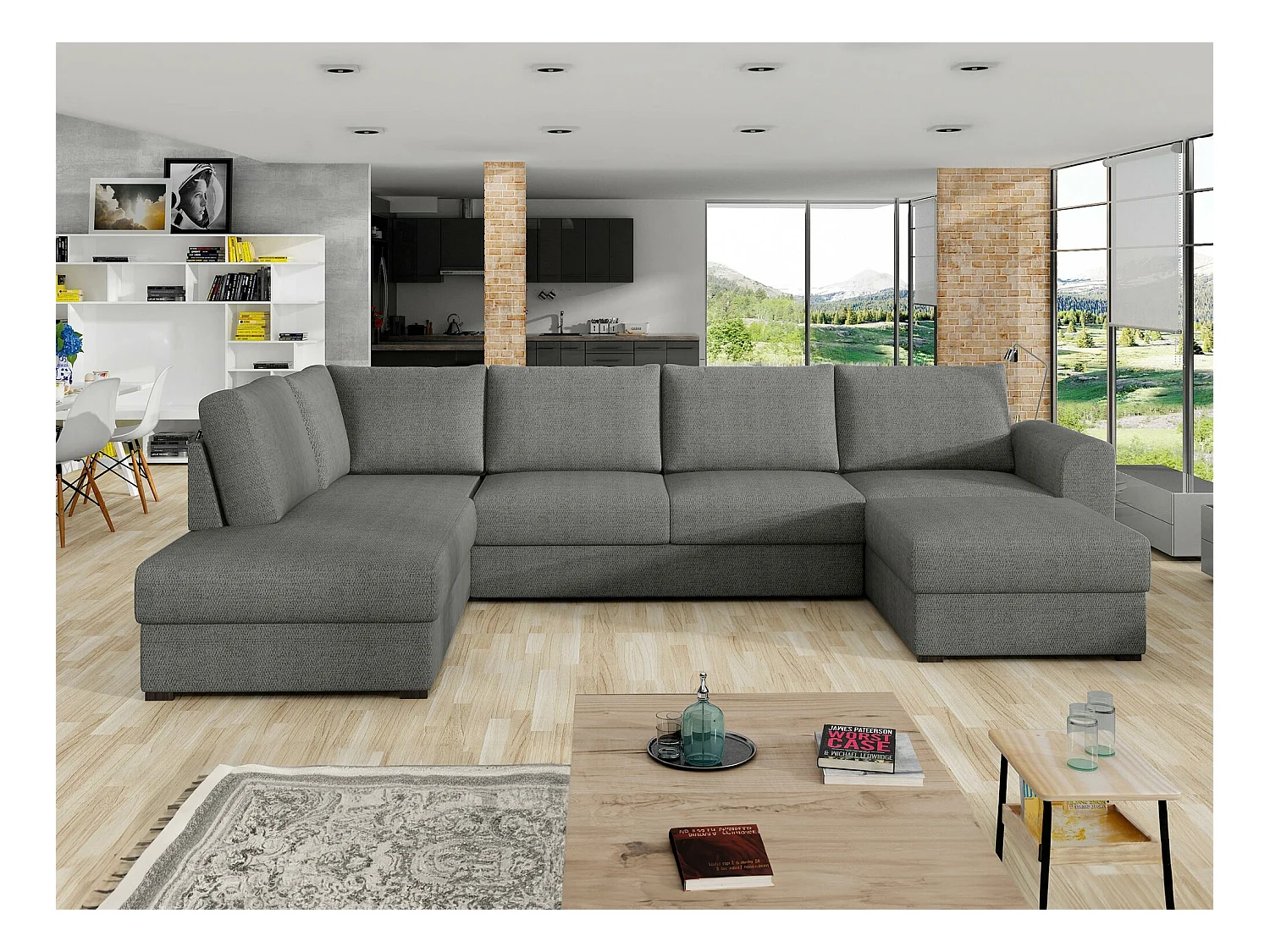 Canapé d'angle Comfivo 189, Gris, Fonction de couchage, Boîte de literie, 305x188x85cm