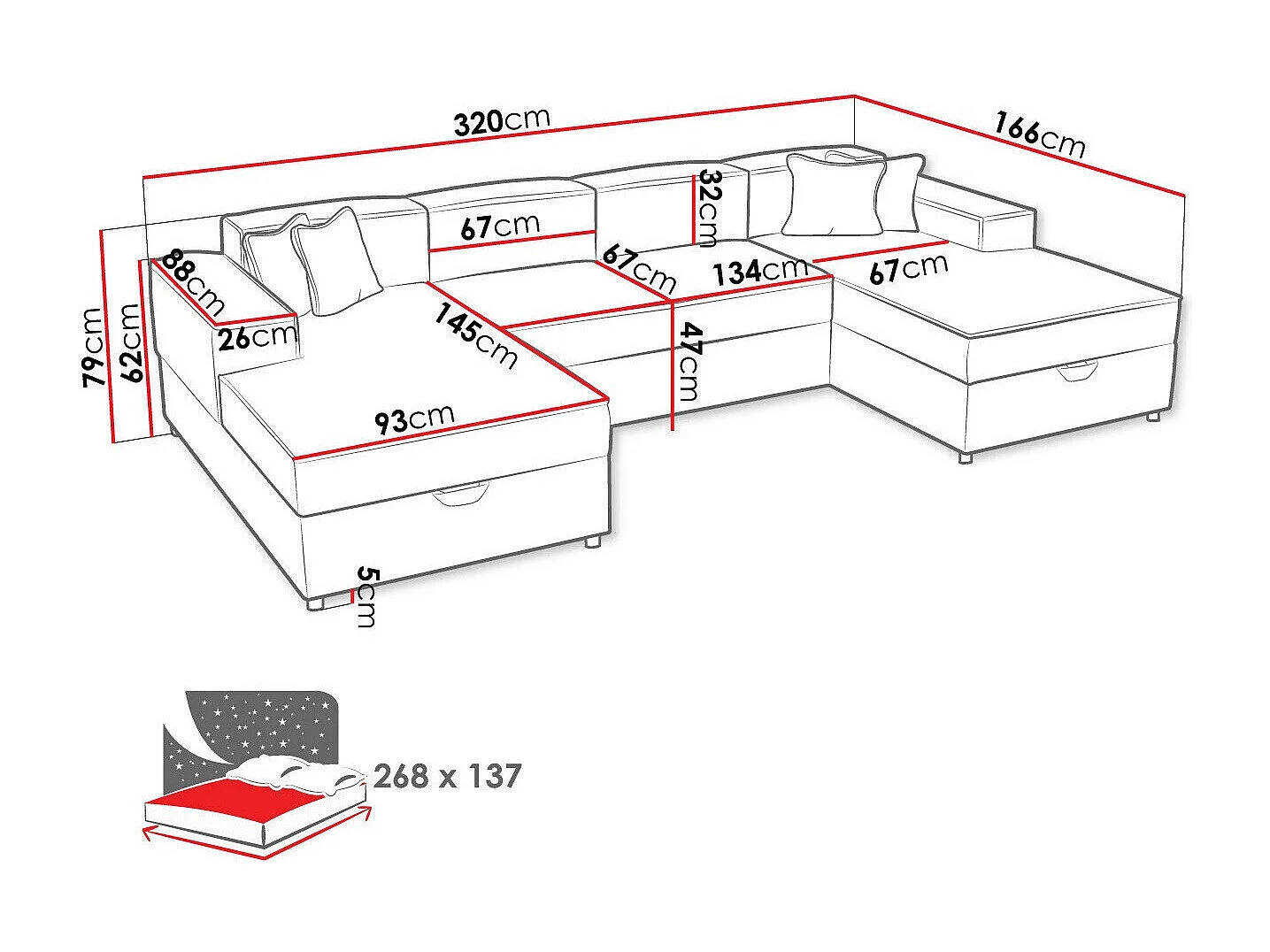 Canapé d'angle Clovis 115, Rose, Fonction de couchage, Boîte de literie, 320x166x79cm