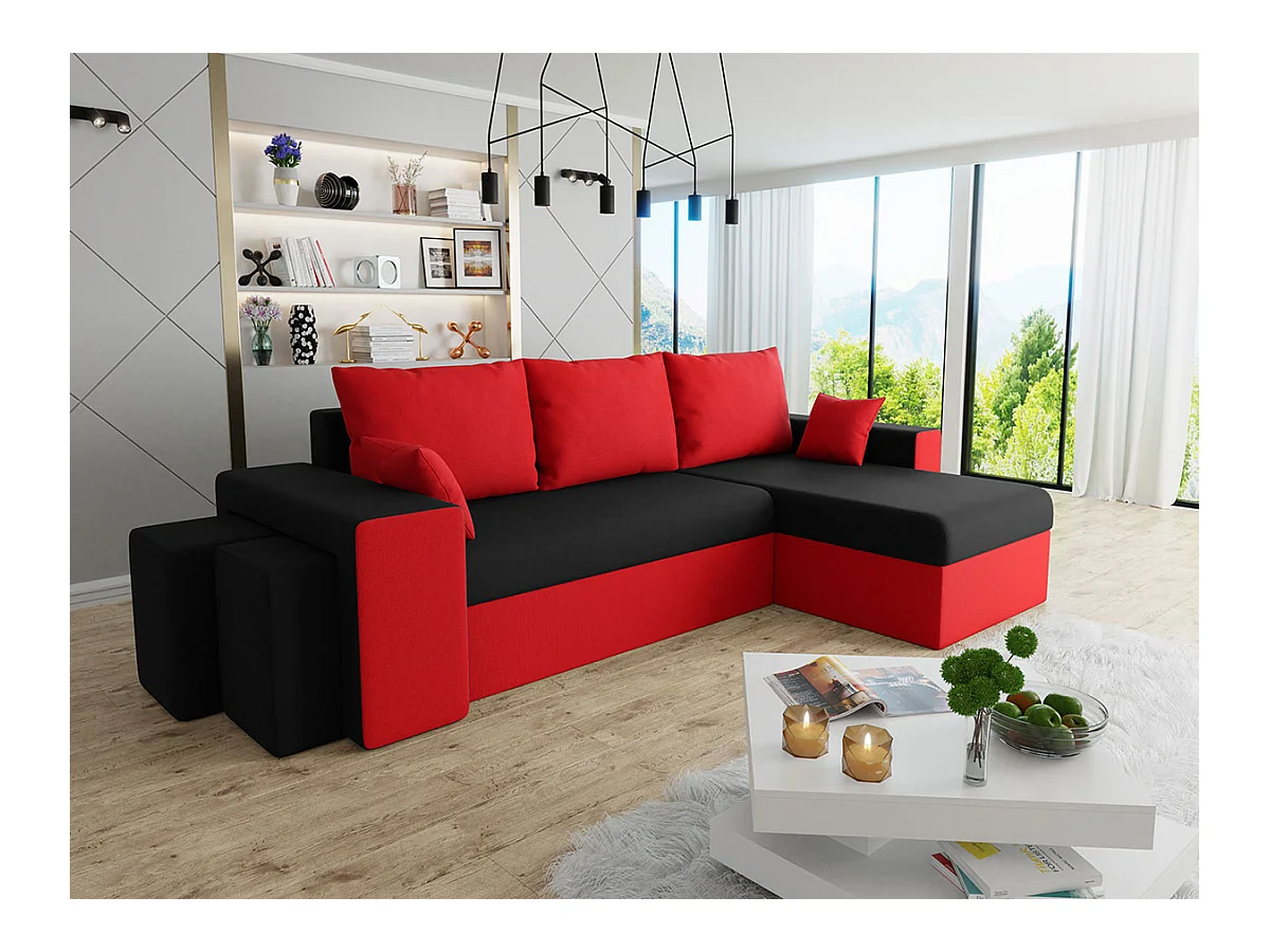 Canapé d'angle Memphis 124, Rouge, Fonction de couchage, Boîte de literie, 256x139x80cm
