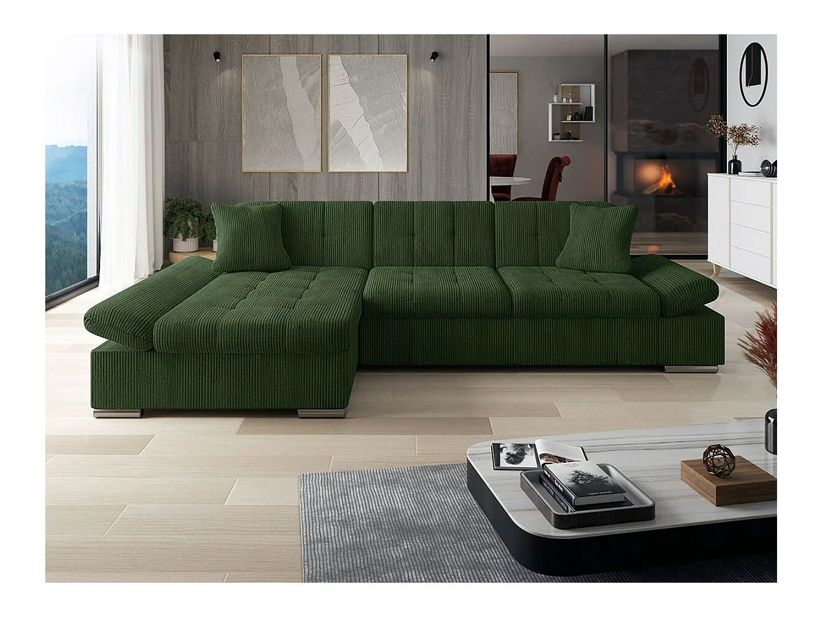 Canapé d'angle Comfivo 152, Vert, Fonction de couchage, Boîte de literie, 278x161x76cm