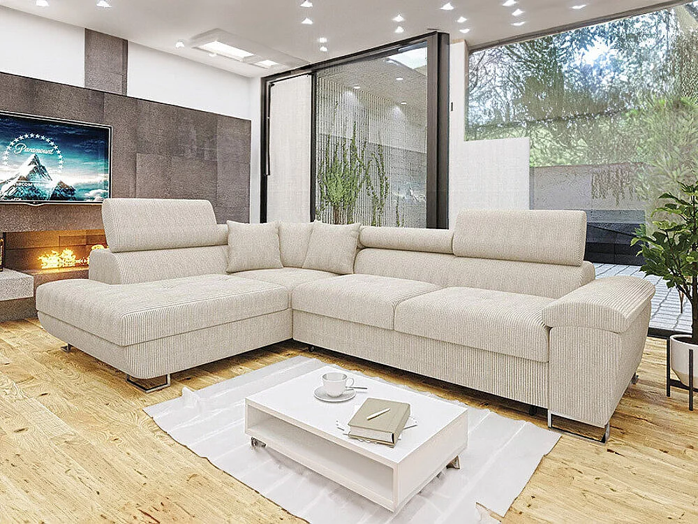 Sofá rinconero Comfivo 139, De color marrón claro, Función de descanso, Almacenaje, 270cm