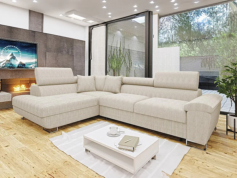 Sofá rinconero Comfivo 139, De color marrón claro, Función de descanso, Almacenaje, 270cm