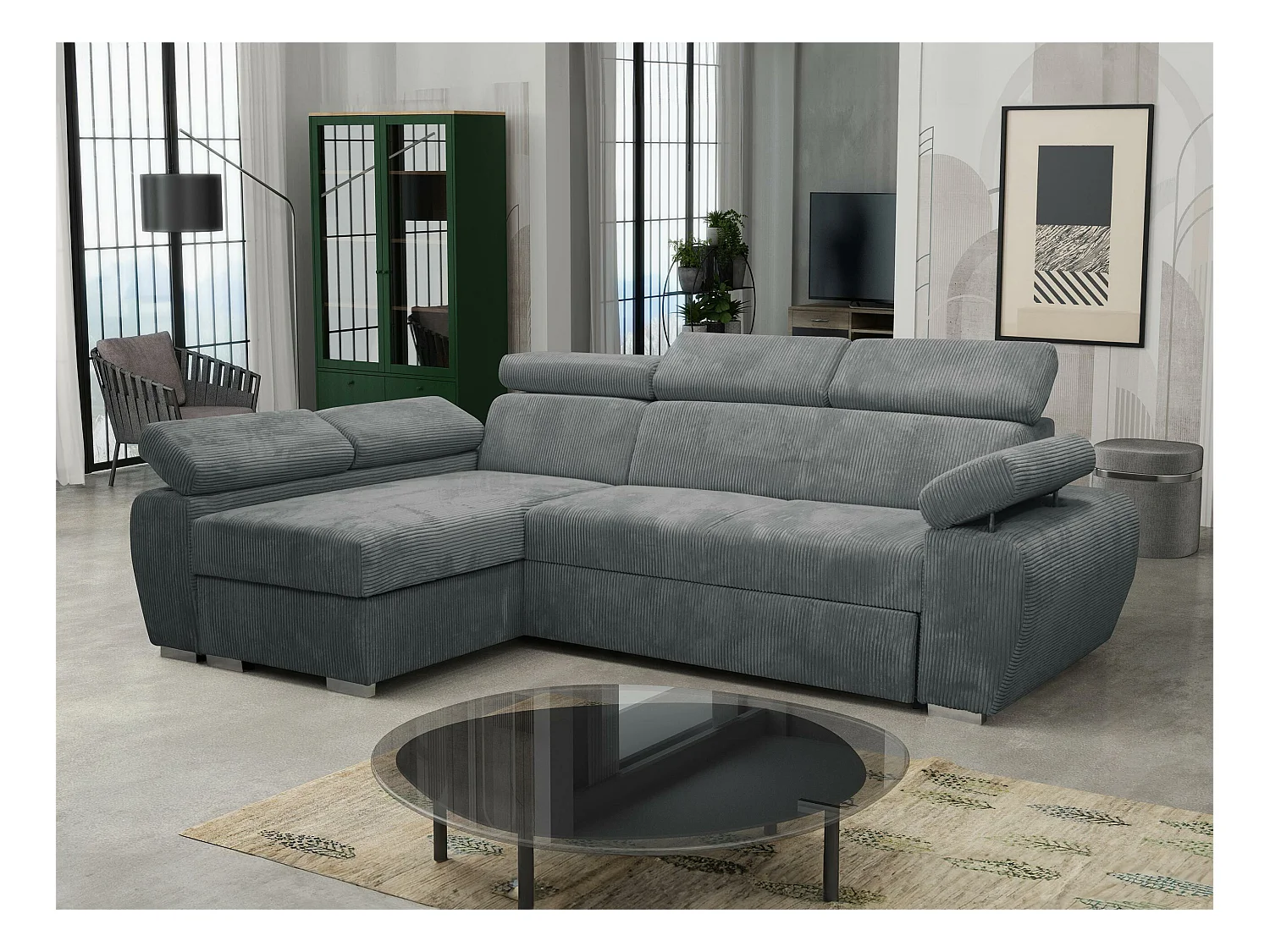 Canapé d'angle Columbus 192, Gris, Fonction de couchage, Boîte de literie, 255x170x85cm