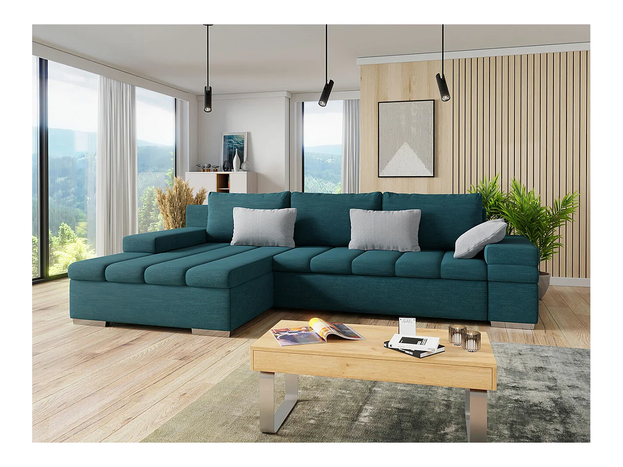Canapé d'angle Comfivo 169, Turquoise, Fonction de couchage, Boîte de literie, 310x175cm