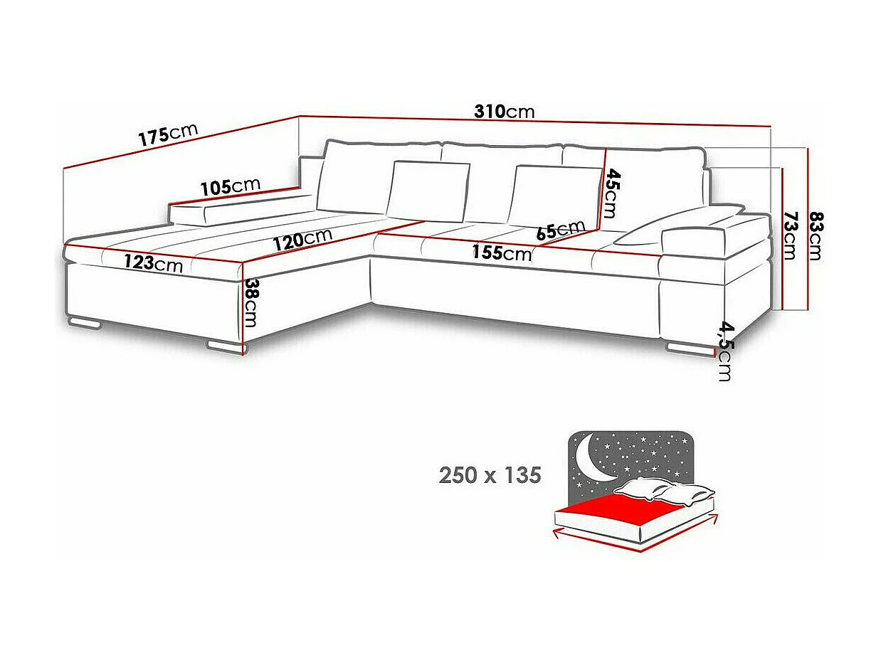 Sofá rinconero Comfivo 169, Turquesa, Función de descanso, Almacenaje, 310x175x83cm