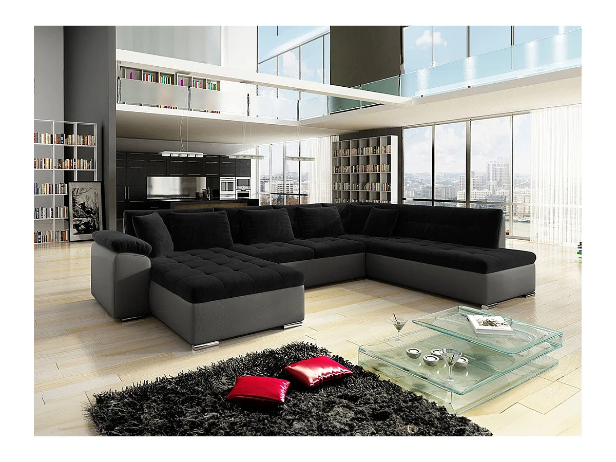 Canapé d'angle Comfivo 114, Noir, Fonction de couchage, Boîte de literie, 348x205x76cm