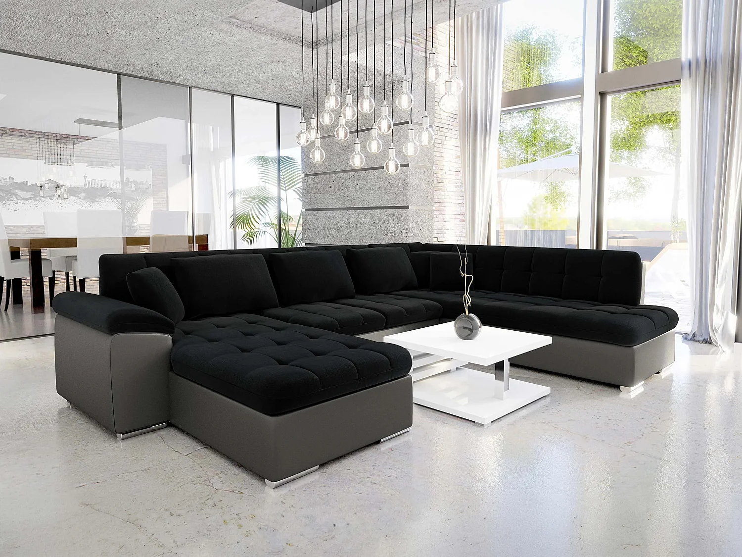 Sofá rinconero Comfivo Gemma, Negro, Función de descanso, Almacenaje, 348x205x76cm