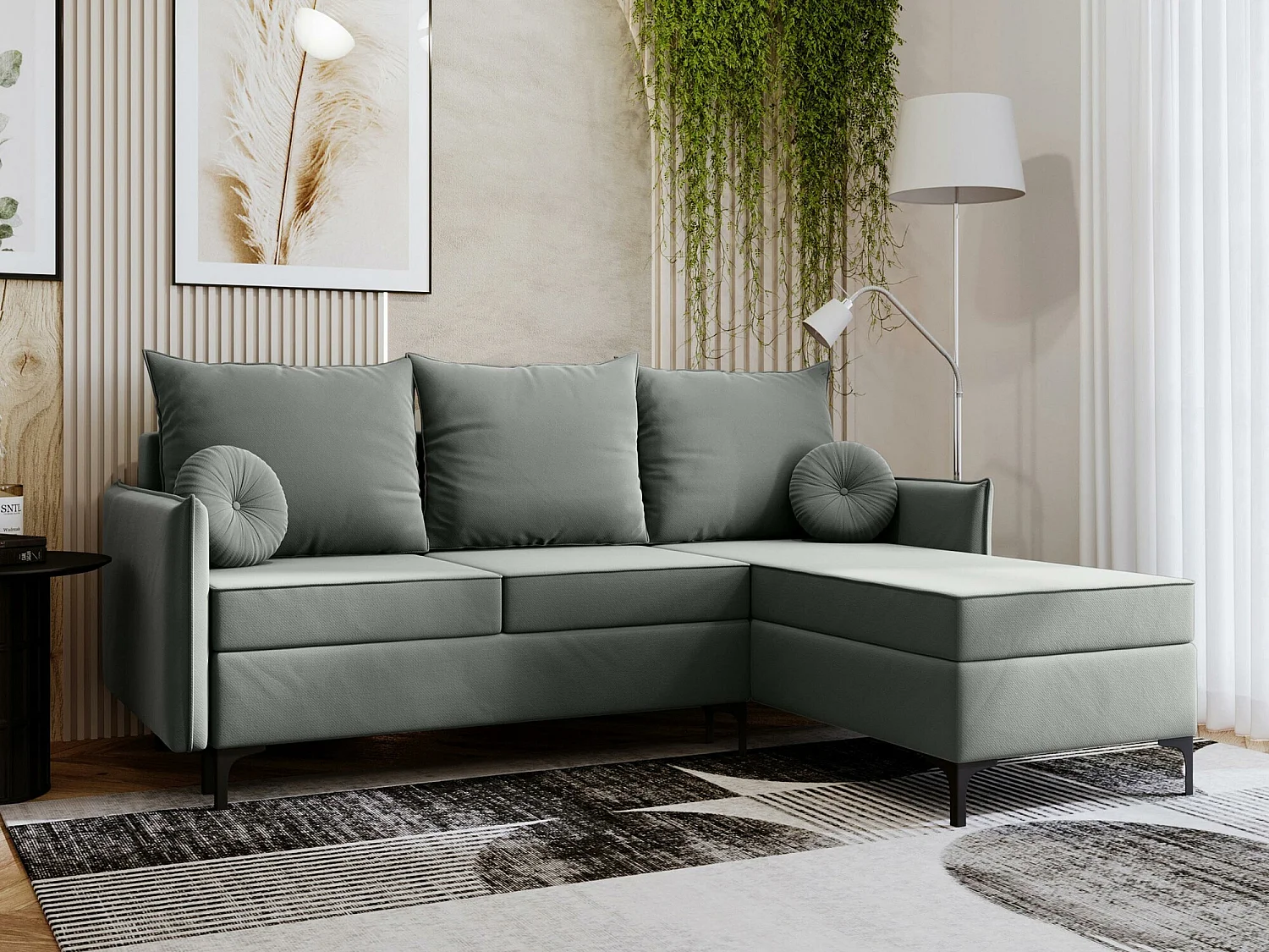 Canapé d'angle Clovis 112, Gris, Fonction de couchage, Boîte de literie, 213x168x101cm