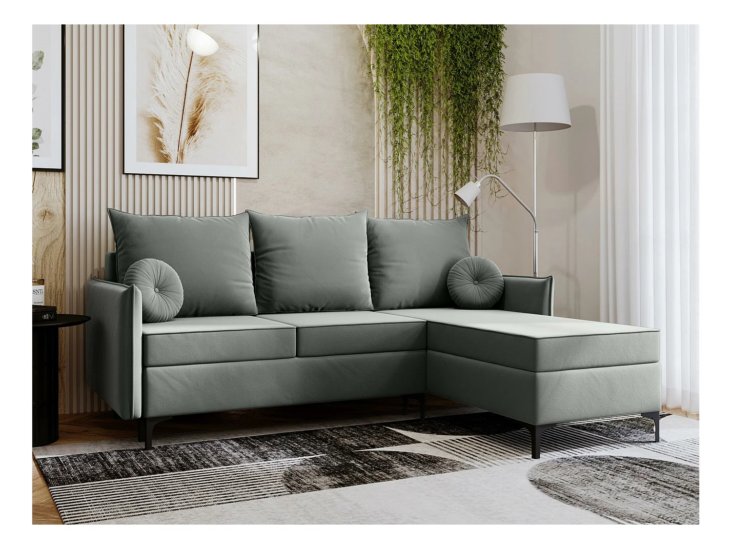 Canapé d'angle Clovis 112, Gris, Fonction de couchage, Boîte de literie, 213x168x101cm