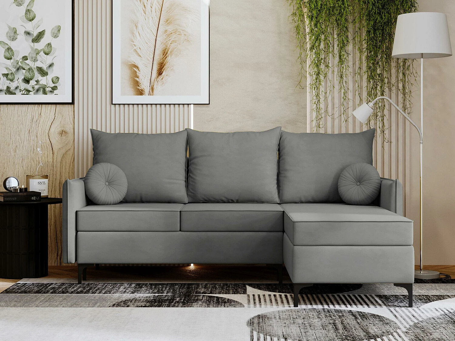 Canapé d'angle convertible 3 places en tissu gris CLOVIS