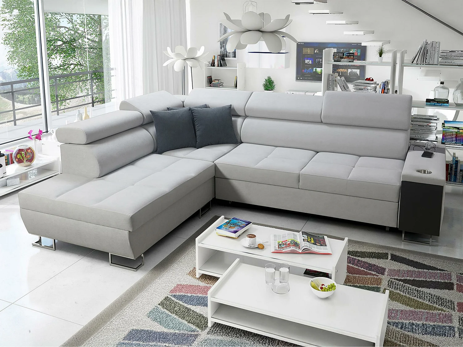 Canapé d'angle Pearland 115, Gris, Fonction de couchage, Boîte de literie, 283x221x84cm