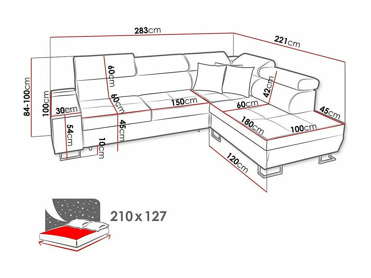 Canapé d'angle Pearland 115, Gris, Fonction de couchage, Boîte de literie, 283x221x84cm