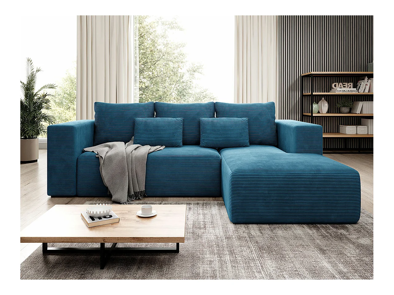 Canapé d'angle Arvada 116, Bleu, Fonction de couchage, Boîte de literie, 255x161x91cm