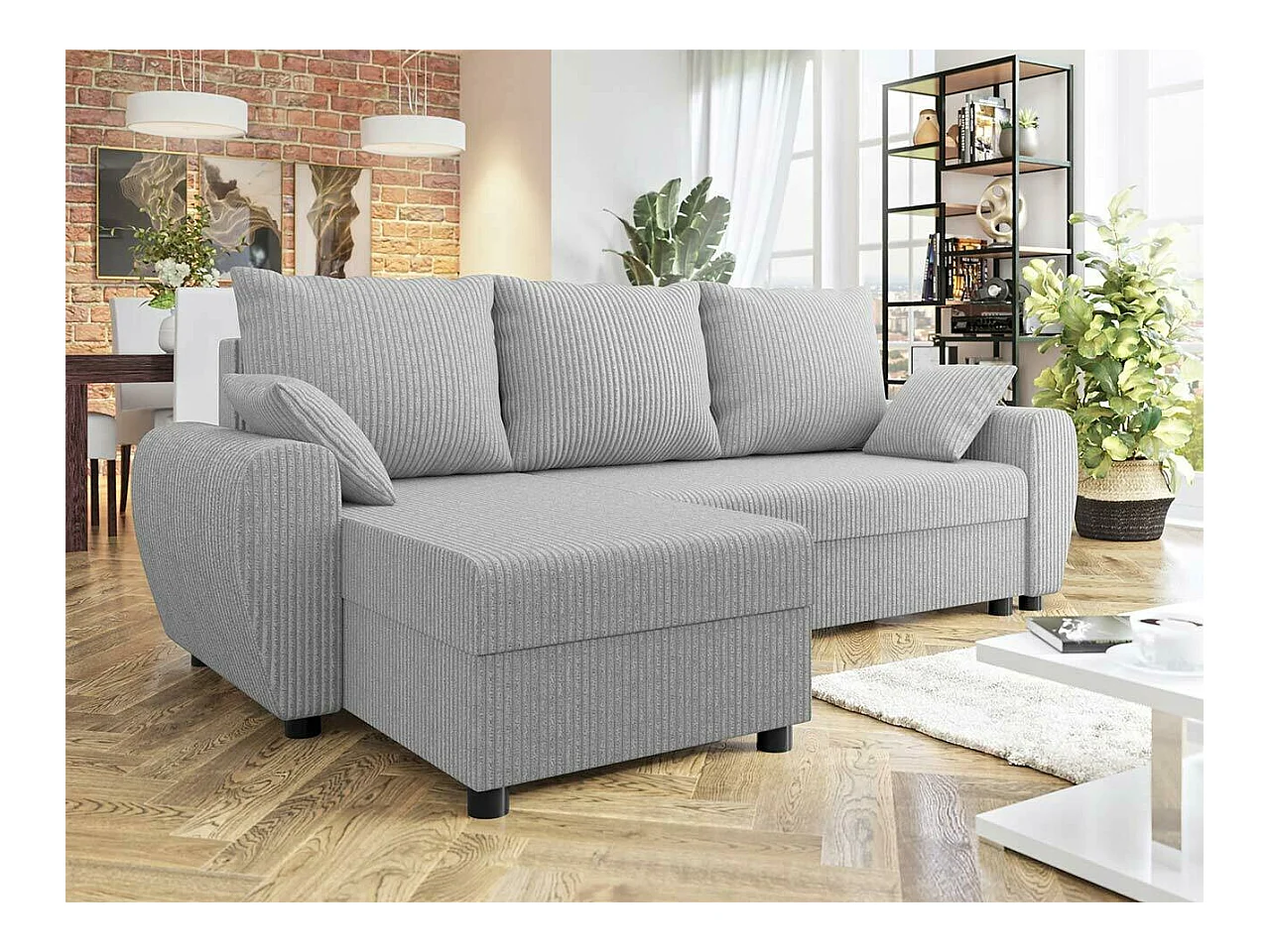 Canapé d'angle Memphis 123, Gris, Fonction de couchage, Boîte de literie, 242x139x83cm
