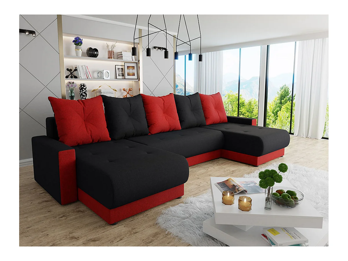 Canapé d'angle Memphis 106, Noir, Fonction de couchage, Boîte de literie, 290x135x82cm