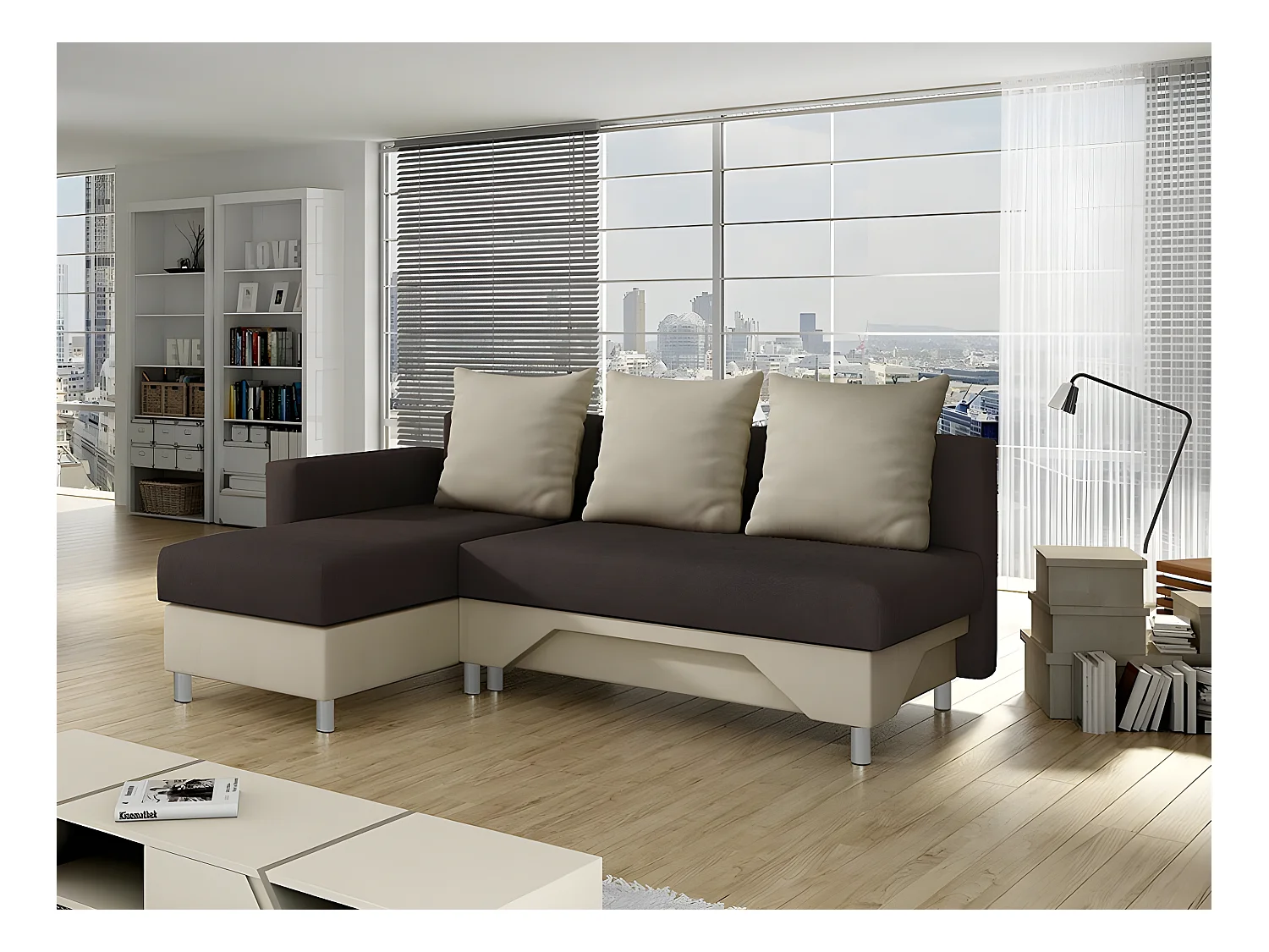 Canapé d'angle Akron 100, Marron, Fonction de couchage, Boîte de literie, 215x133x95cm