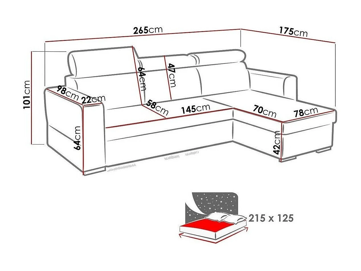 Sofá de canto Temple 106, Cinzento, Funcionalidade de dormir