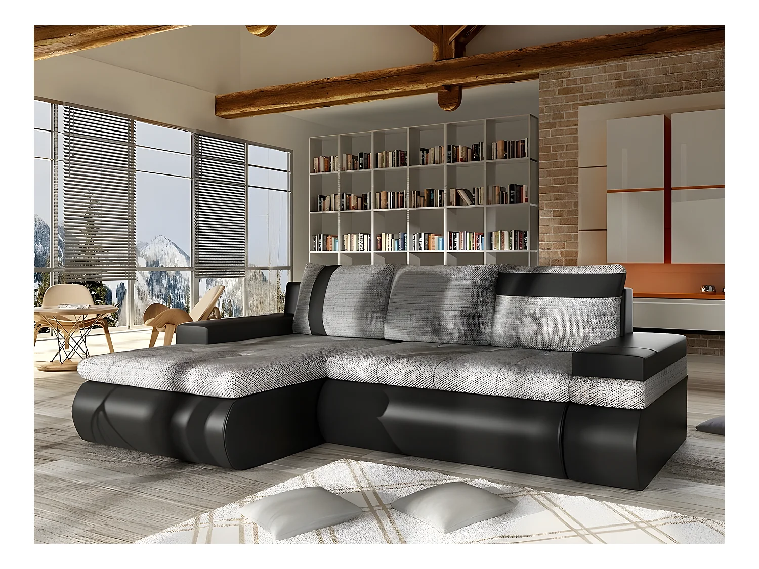 Canapé d'angle Temple 101, Gris, Fonction de couchage, Boîte de literie, 245x182x90cm