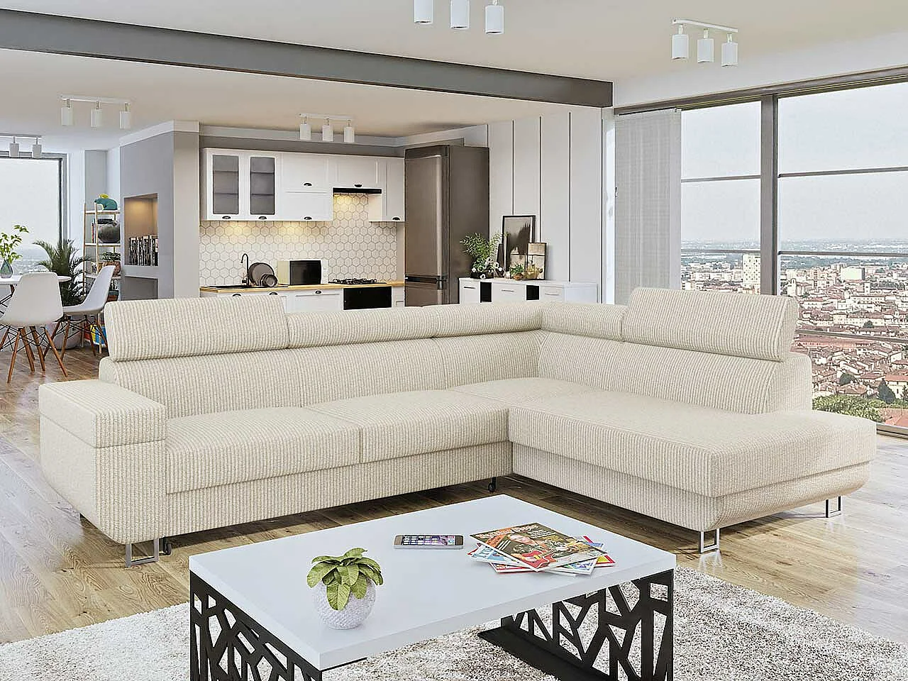 Canapé d'angle Comfivo 306, Brun clair, Fonction de couchage, Boîte de literie, 253x188cm