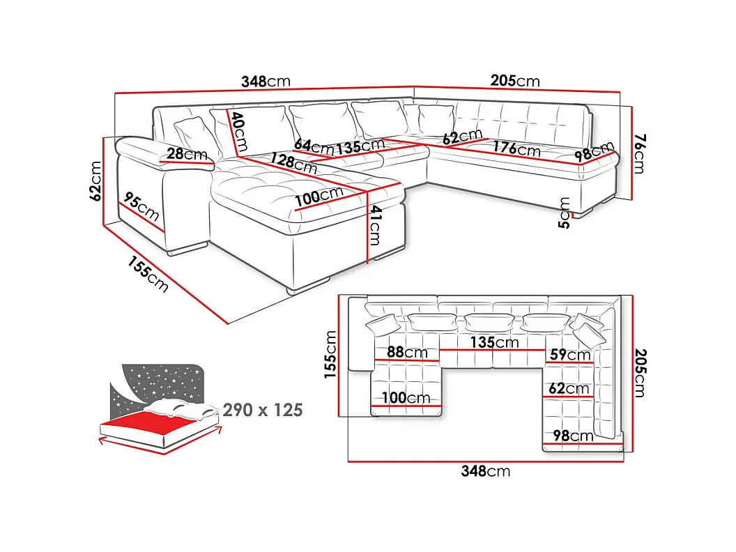 Sofá rinconero Comfivo 128, Gris, Función de descanso, 348x205x76cm