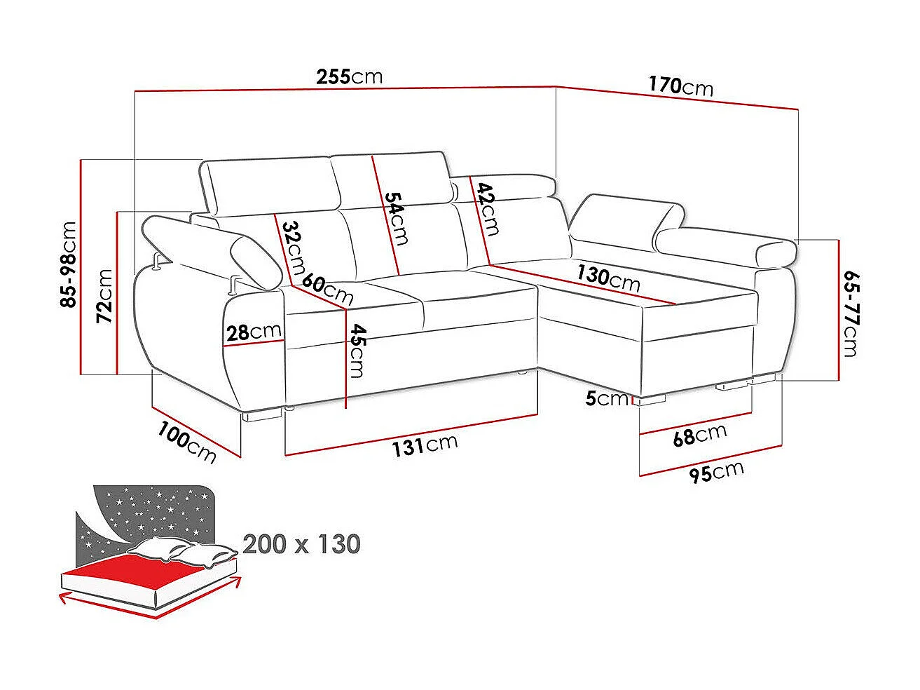 Sofá rinconero Columbus 192, Amarillo, Función de descanso, Almacenaje, 255x170x85cm