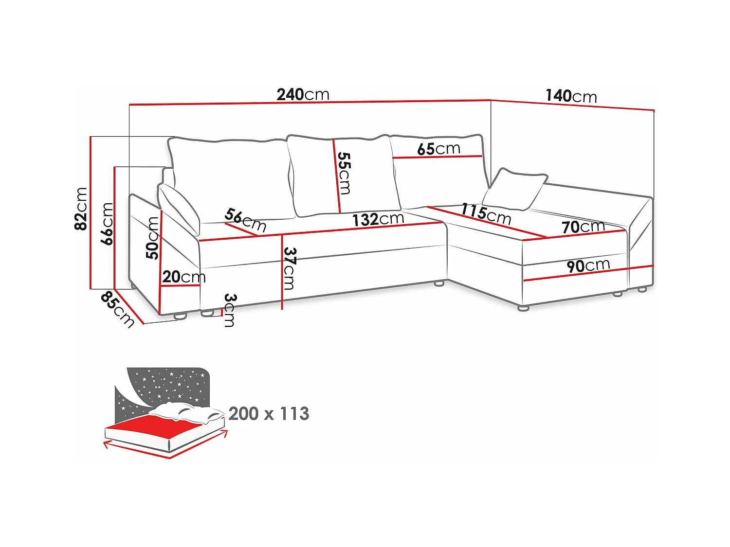 Sofá rinconero Memphis 104, Gris, Función de descanso, Almacenaje, 240x140x82cm