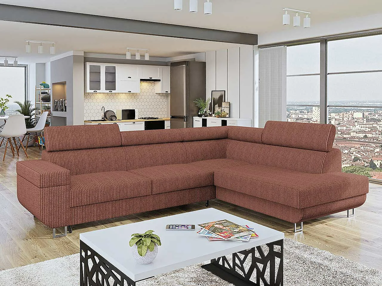 Canapé d'angle Comfivo 306, Rose, Fonction de couchage, Boîte de literie, 253x188x71cm