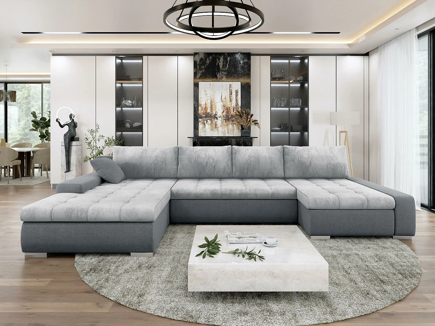 Sofá rinconero Comfivo 248, Gris, Función de descanso, Almacenaje, 394x213x80cm