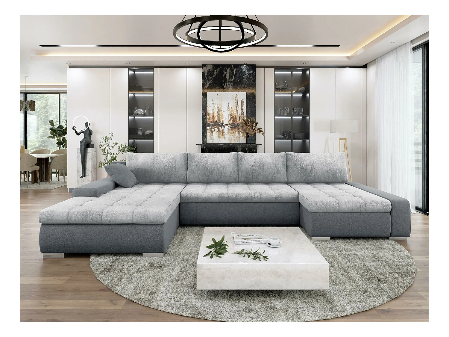 Canapé d'angle Comfivo 248, Gris, Fonction de couchage, Boîte de literie, 394x213x80cm