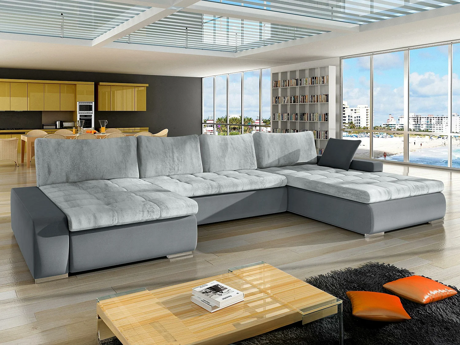 Sofá rinconero Comfivo 248, Gris, Función de descanso, Almacenaje, 394x213x80cm