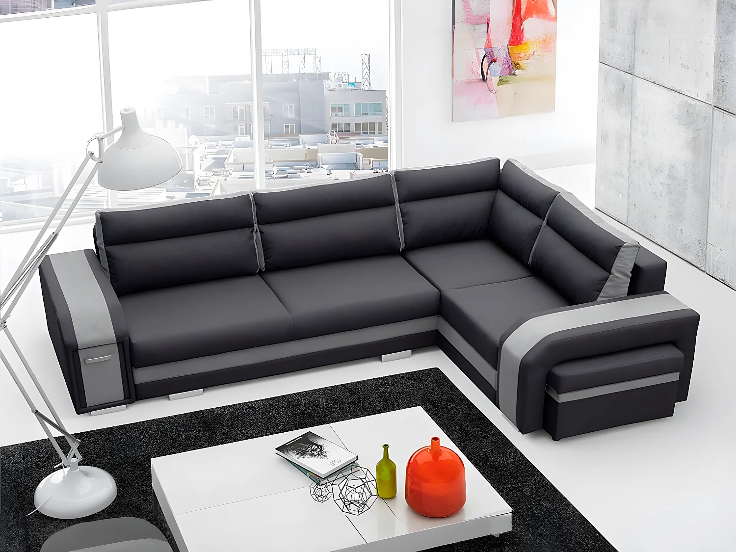 Canapé d'angle Kingsport 100, Gris, Fonction de couchage, Boîte de literie, 300x200x90cm