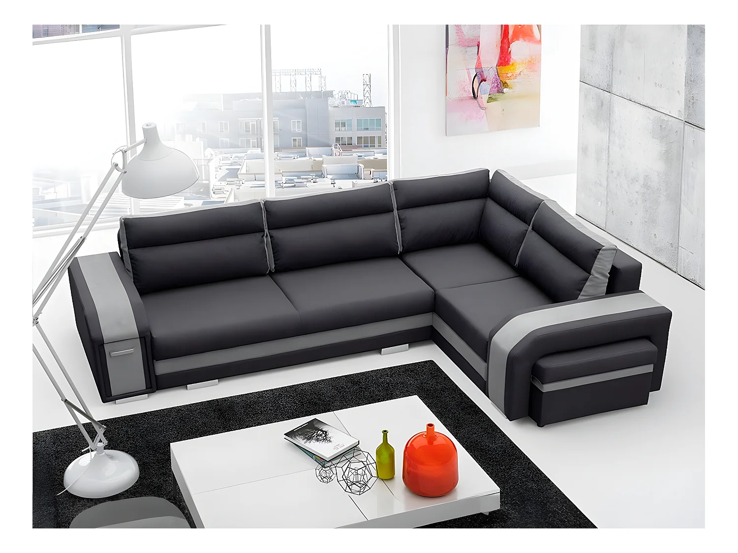 Canapé d'angle Kingsport 100, Gris, Fonction de couchage, Boîte de literie, 300x200x90cm