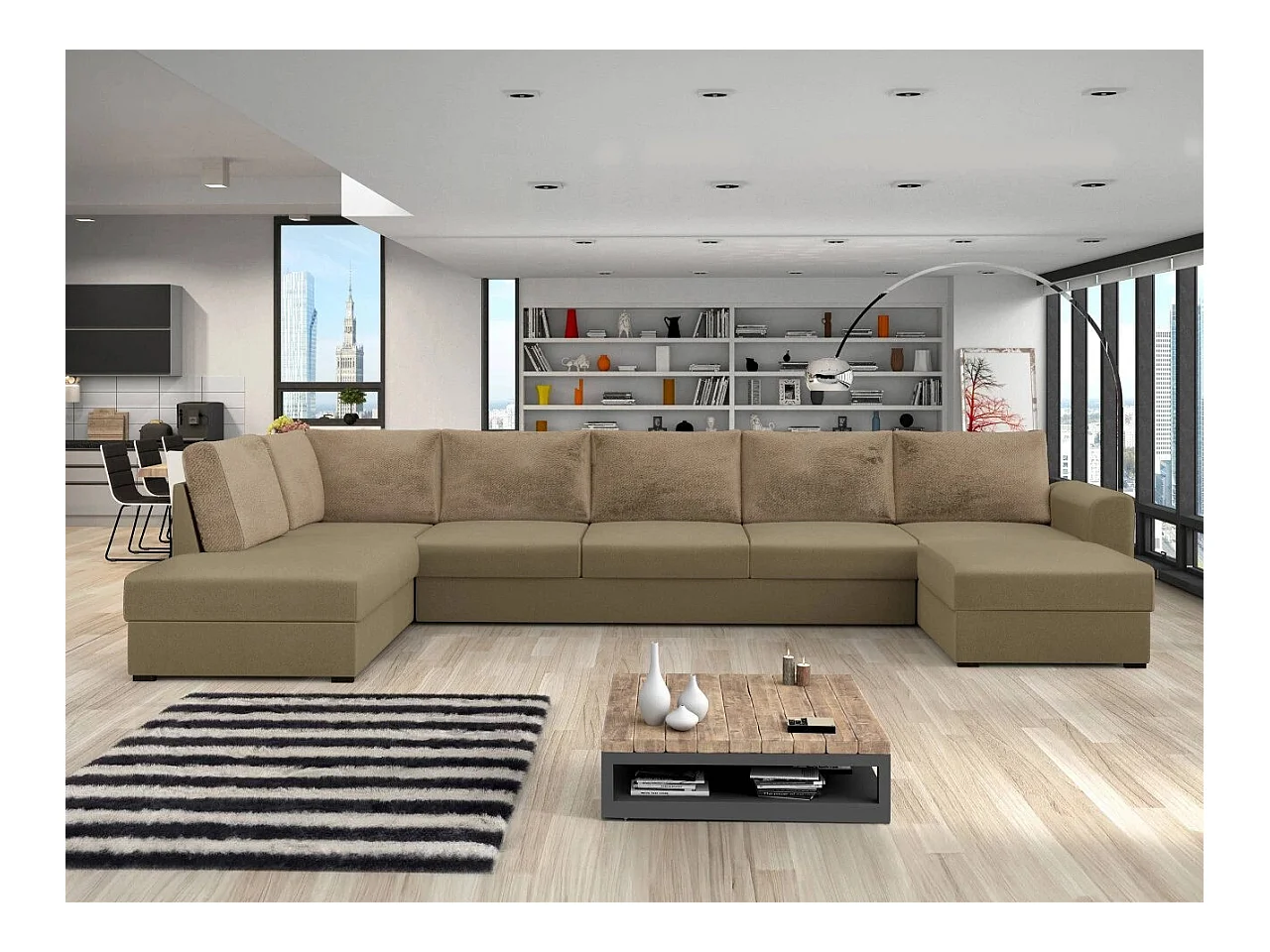 Canapé d'angle Comfivo 191, Brun clair, Fonction de couchage, Boîte de literie, 370x186cm