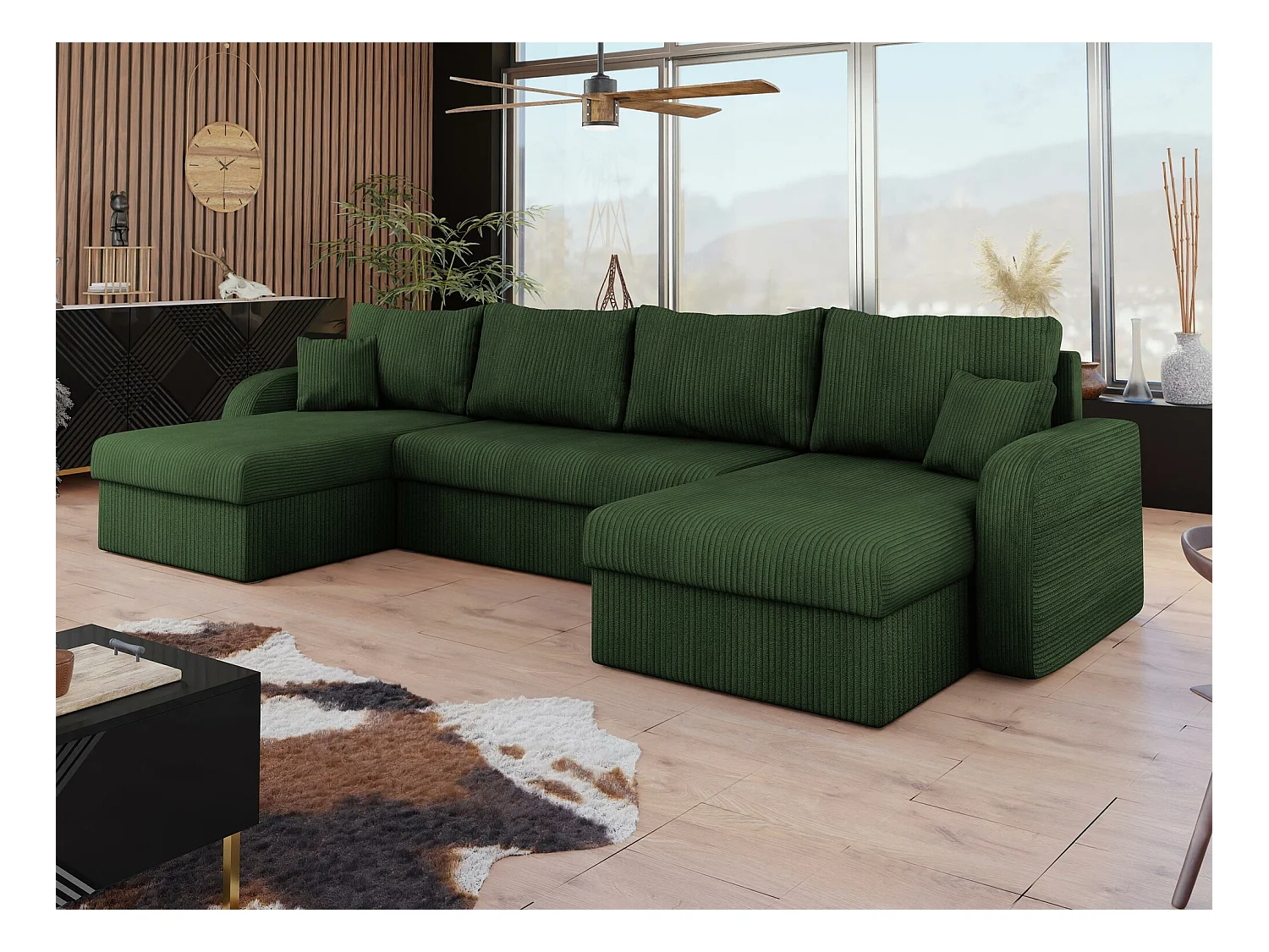 Canapé d'angle Comfivo 233, Vert, Fonction de couchage, Boîte de literie, 304x140x80cm