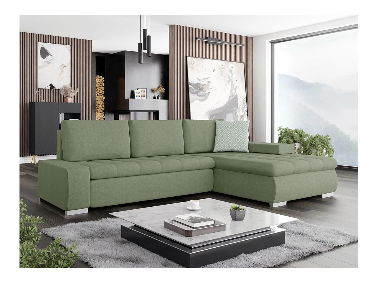 Canapé d'angle Comfivo 112, Vert, Fonction de couchage, Boîte de literie, 265x185x85cm