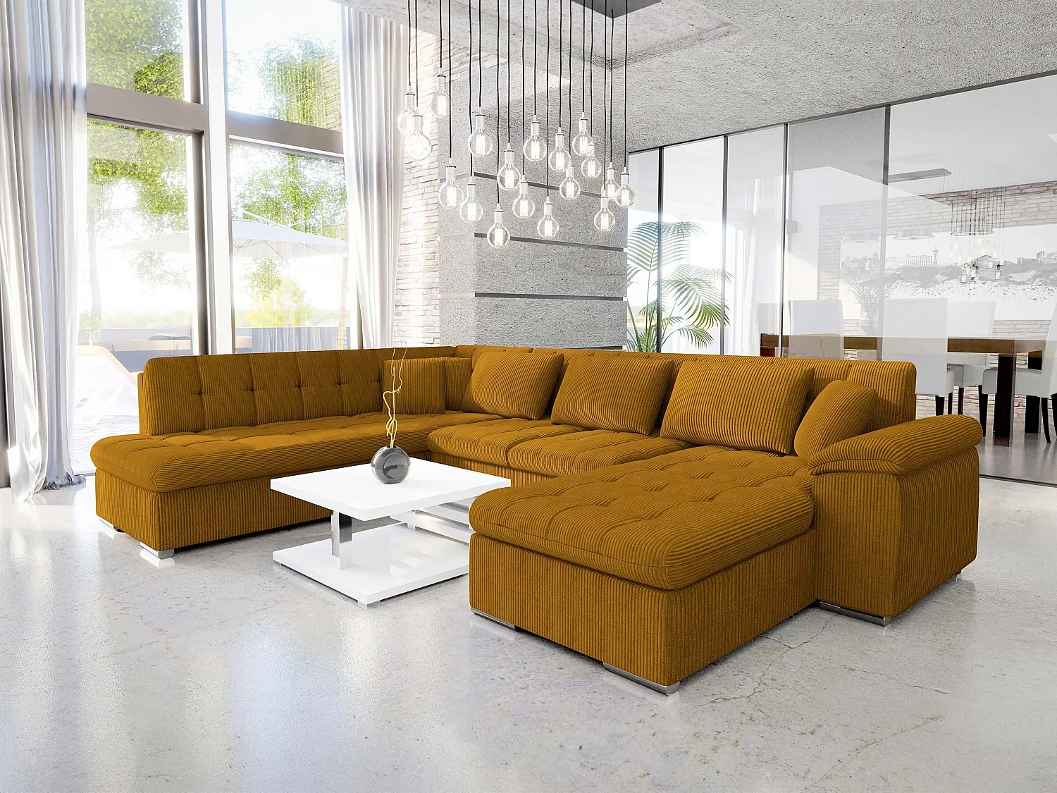 Sofá rinconero Comfivo Gemma, Amarillo, Función de descanso, Almacenaje, 348x205x76cm