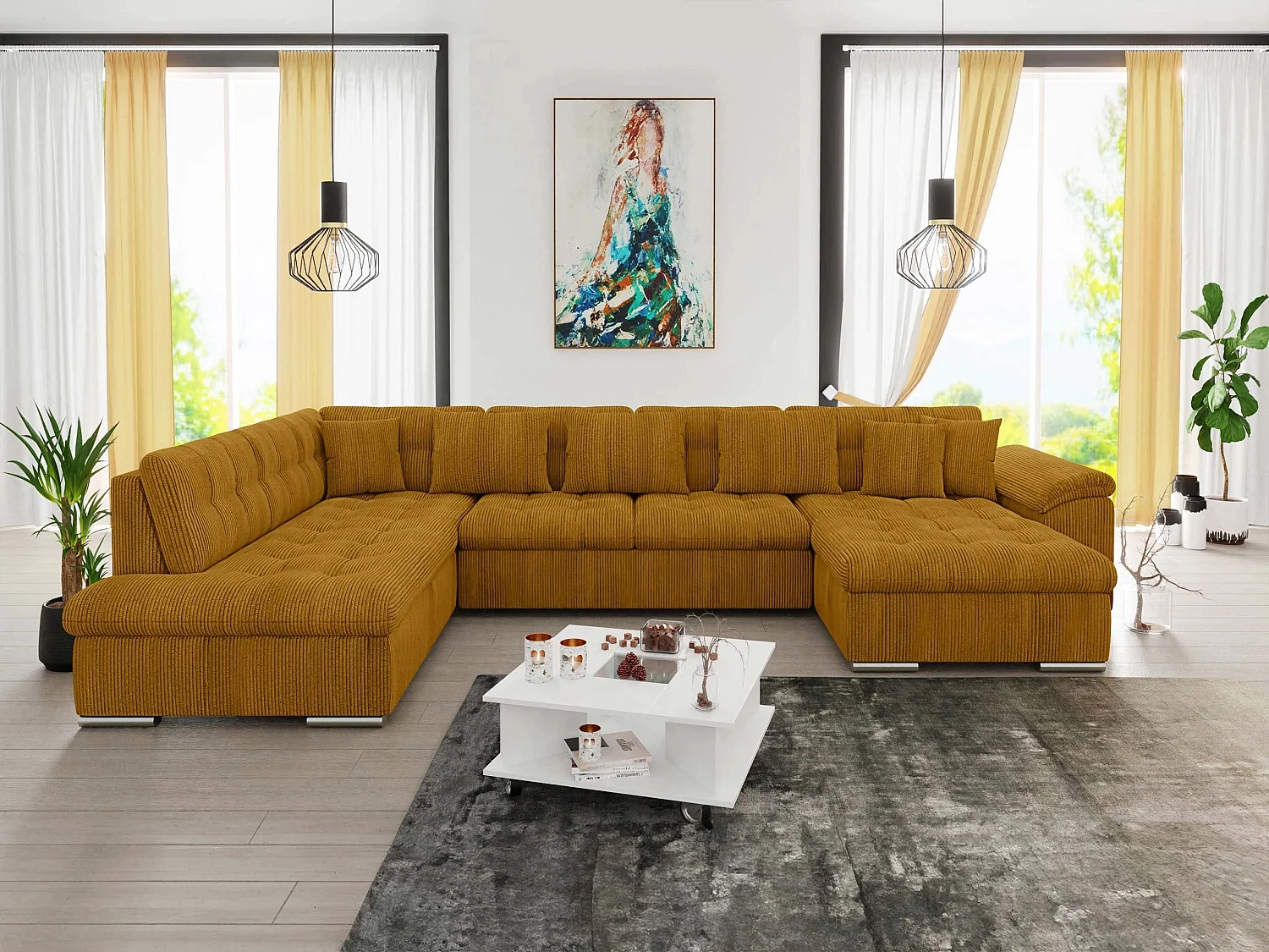Sofá rinconero Comfivo Gemma, Amarillo, Función de descanso, Almacenaje, 348x205x76cm